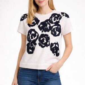 NIC+ZOE Navy and White Floral Short Sleeve Sweater size XS